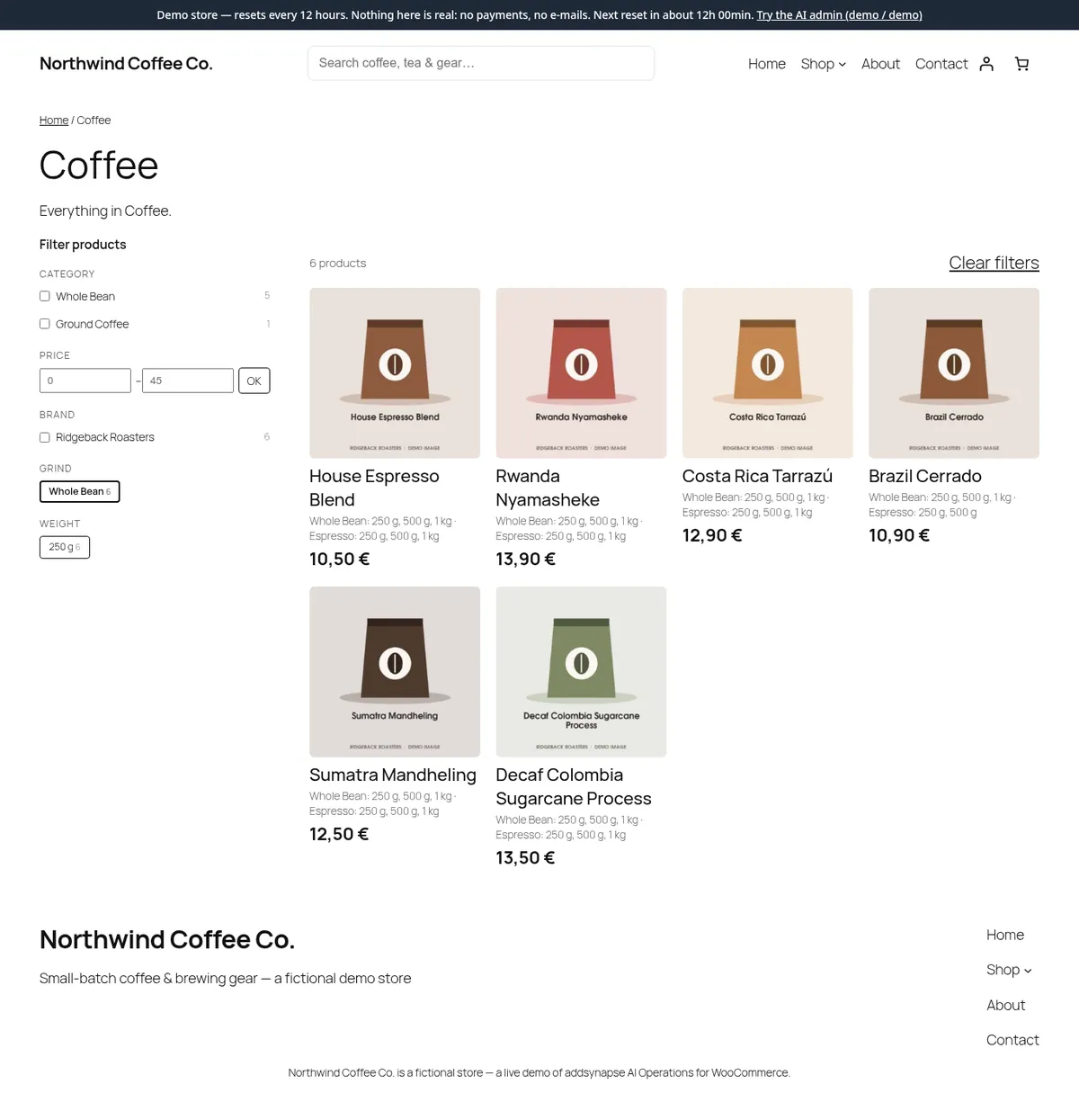 A category page on the demo store with filters for category, price range, brand, grind and weight next to the product grid.