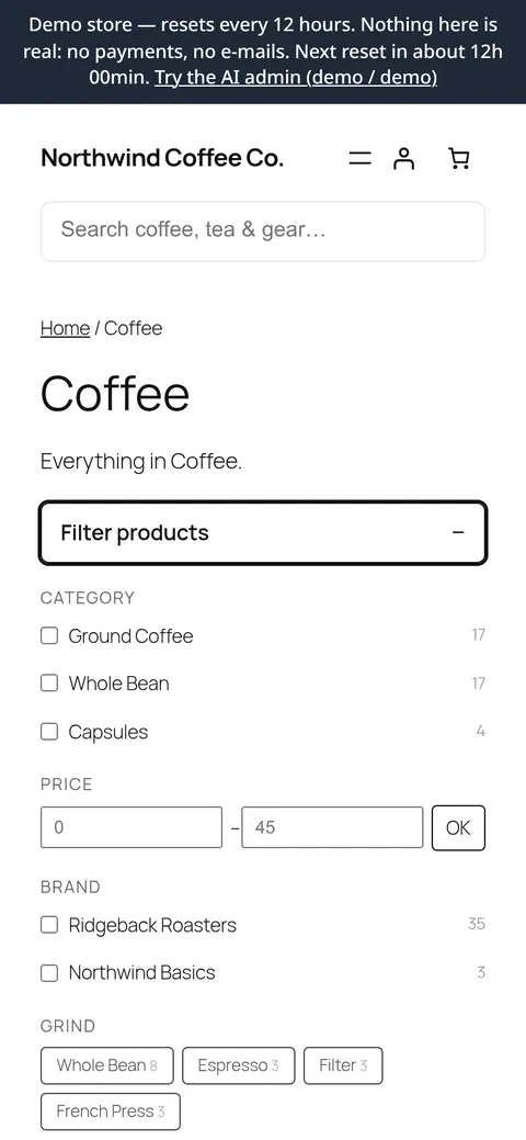 The demo store on a phone, with the filter panel open showing category, price, brand and grind filters.