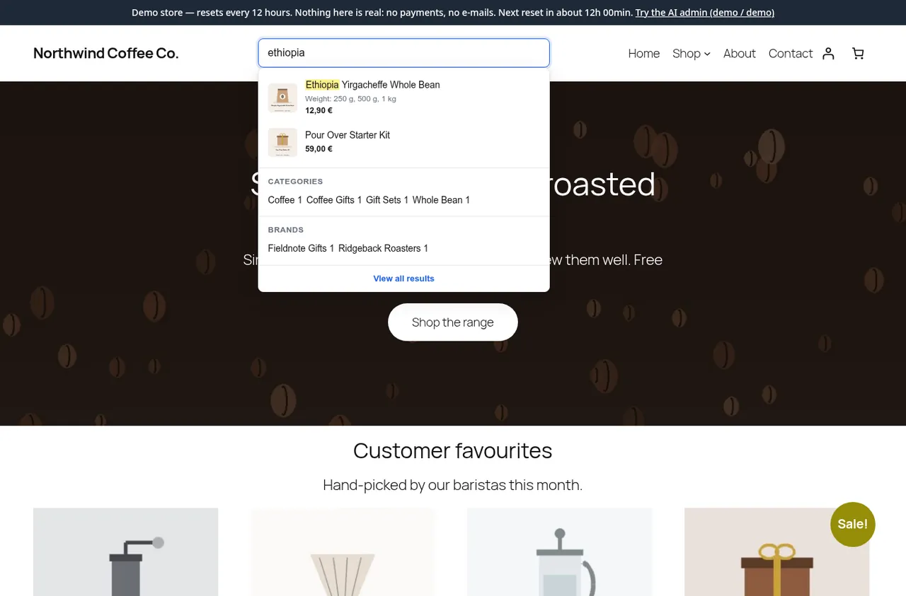 Search dropdown on the demo store: typing “ethiopia” shows matching products with price and weight options, plus matching categories and brands.